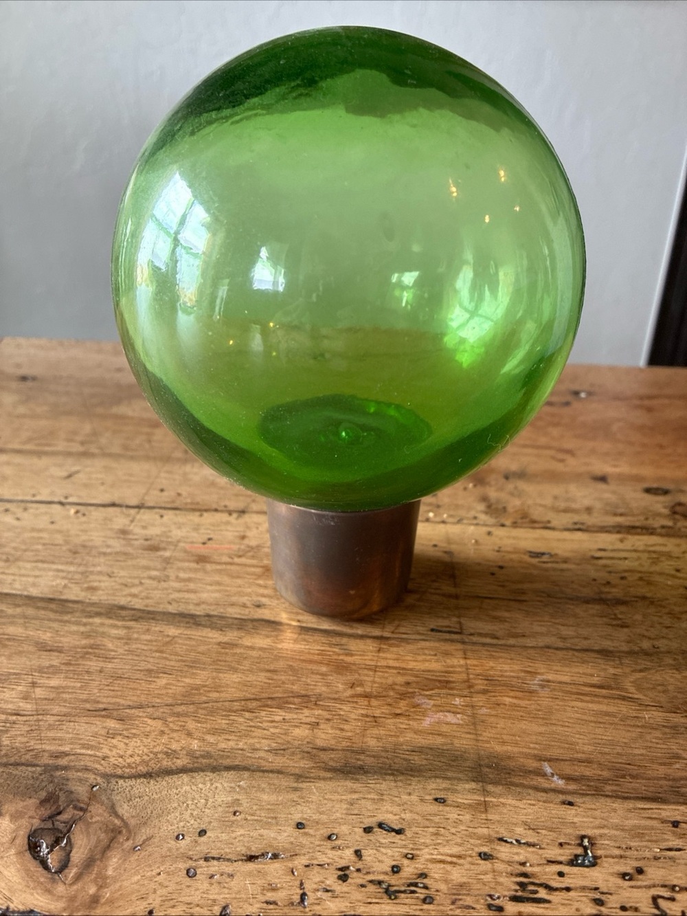 Vintage green glass fishing float 5 inch glass orb with brass stand